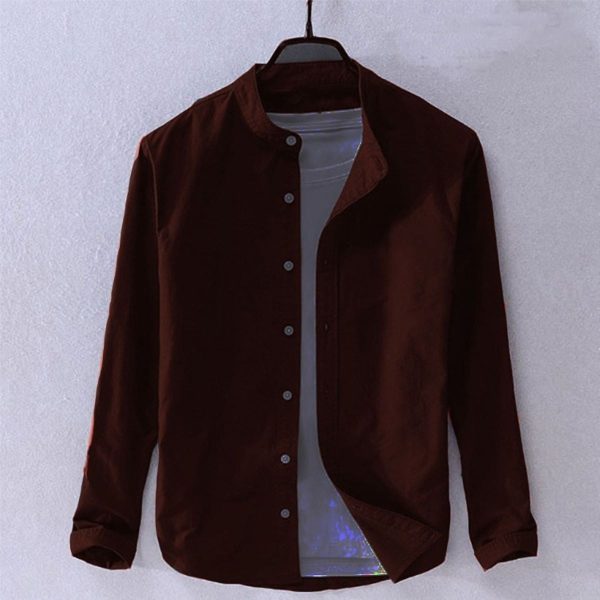 Men's Ban Collar Cotton Shirt- Coffee