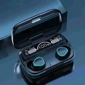 M10 TWS wireless earbuds in their charging case