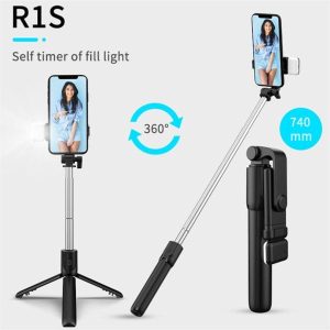 R1S Bluetooth Selfie Stick with Tripod & LED Fill Light | 360° Rotating Phone Holder | Portable Video Stand