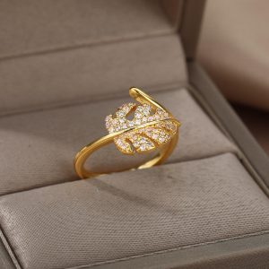 18K Gold-Plated Full Diamond Luxury Non-Fading Open Ring for Women Zircon Leaf Ring
