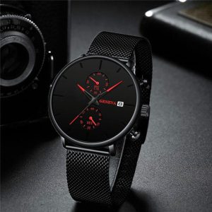 Geneva Pure Black Mesh Strap Men’s Watch | Large Dial Quartz Calendar Business Casual Watch