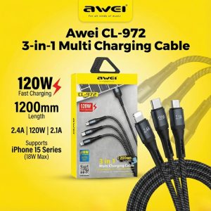 Awei CL-972 3-in-1 Fast Charging Cable (120W) – Nylon Braided USB-C, Lightning & Micro-USB Multi-Charger (1.2M)