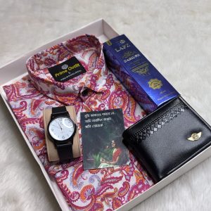 **শার্ট কম্বো প্যাকেজ** 🍀ওয়ালেট 🍀ঘড়ি 🍀লাফজ পারফিউম 🍀কার্ট 🍀গিফট বক্স গিফট কম্বো প্যাকেজ সাইজ :M/L/XL