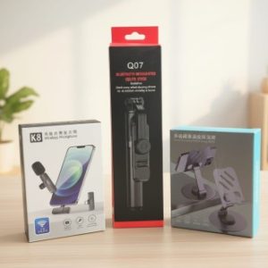 Smart Vlogger's Combo: K8 Wireless Microphone, Q07 Bluetooth Selfie Stick & 360° Rotating Phone Stand