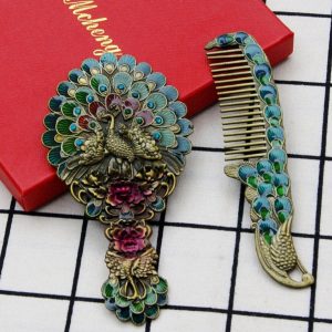 Metallic Makeup Mirror Comb Set Of 2 Crafts Ornaments Vintage Lady Dressing Mirror Comb Set/Home Decoration Gifts - Mirror