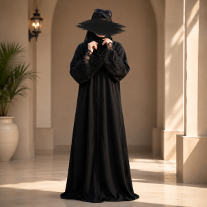 Premium Dubai Cherry Fabric: Elegant Lace Abaya Borka Black Color 13272
