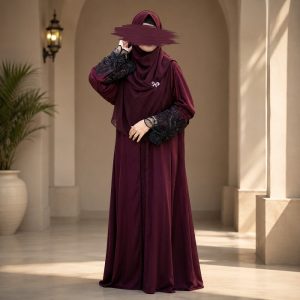 Premium Dubai Cherry Fabric: Elegant Lace Abaya Borka maroon Color 13278