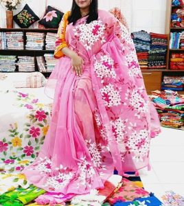 Hand Printed Exclusive Design half silk saree.