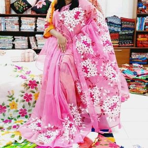 Hand Printed Exclusive Design half silk saree.