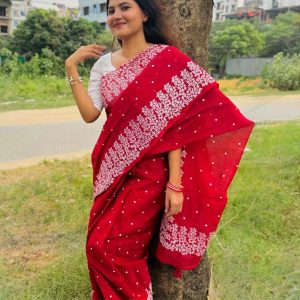 block print half silk sari for woman