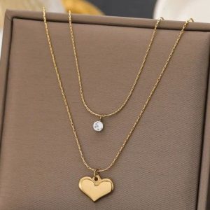 Dual-Layer Chain with Heart and Crystal Pendant Necklace