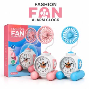 2-in-1 Cute Cartoon/Astronaut Alarm Clock with USB Rechargeable Mini Fan | Silent Desk Fan & Clock Combo for Kids Study Table & Office Decor 4898