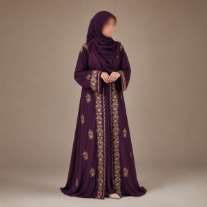 Premium Zafran Felix Luxury Abaya with Embroidery & Stone Work | Matching Hijab & Adjustable Inner | Modest Fashion Plum 13292