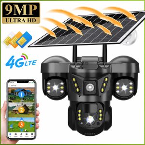 4G Sim Card Supported IP Camera V380 Pro Triple Lens Solar Powered 4G LTE Security Camera System PIR Motion Alarm Network CCTV Camera 3 Screens Recorder