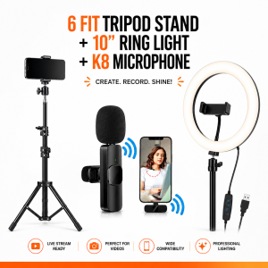 6 Ft Tripod Stand + 10" Ring Light + K8 Wireless Microphone Combo