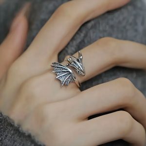 Vintage Distinctive Dragon Ring Men's and Women's Ins Exquisite Design High-grade Cold Style Live Mouth Ring Open Mouth Ring Trendy