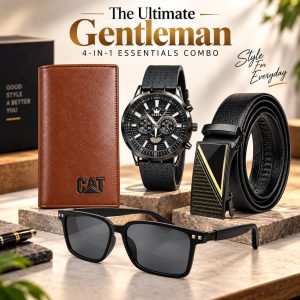 The Ultimate Gentleman's 4-in-1 Essentials Combo(1) – Olevs Skeleton Wrist Watch, Automatic Leather Belt, Wayfarer Sunglasses & Classic Long Wallet Set for Men 3710 ,10957