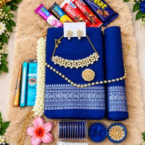 ভালোবাসার ছোঁয়ায় পূর্ণ হোক তোমার সাজ – নকশি পাইর শাড়ি কম্বো প্যাকেজ (code-46) ব্লু