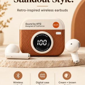Q86 Retro Camera Design True Wireless Earbuds – Bluetooth 5.4 TWS with Leather Texture, Digital LED Display, Low Latency Gaming & ENC Noise Reduction